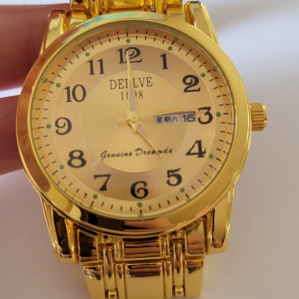 Gold Tone DEELVE Mens Watch Day Date Luminous Dial Metal Band Jewelry Analog